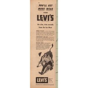 1948 Levis Vintage Print Ad Cowboy Western Denim Jeans Overalls Americana MCM